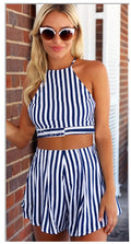 Strap Backless Crop Top Wide Leg Shorts Stripe Two Pieces Set - Oh Yours Fashion - 2