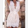 White Deep V-neck Sleeveless Lace Short Dress - Oh Yours Fashion - 1