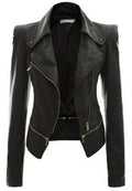 Lapel Oblique Zipper Women Slim Motorcycle PU Jacket