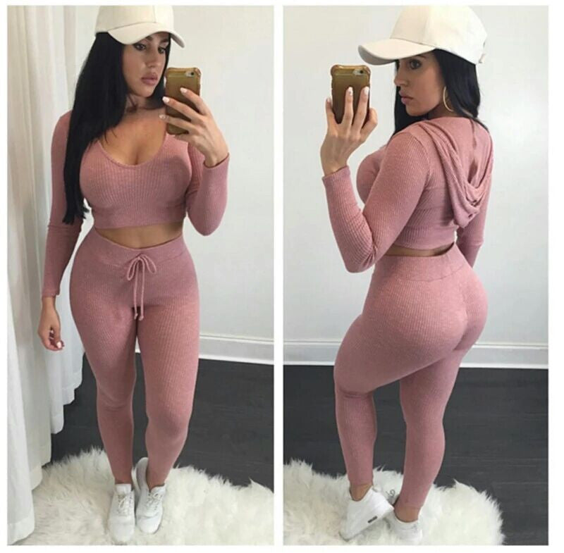 Hooded Crop Top Slim Pant Pure Color Two Pieces Set - Oh Yours Fashion - 1