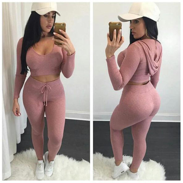 Hooded Crop Top Slim Pant Pure Color Two Pieces Set