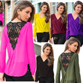 Backless Lace Patchwork V-neck Long Sleeves Chiffon Blouse - Oh Yours Fashion - 1