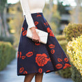 Fashion Rose Print High Waist Flared A-line Skirt