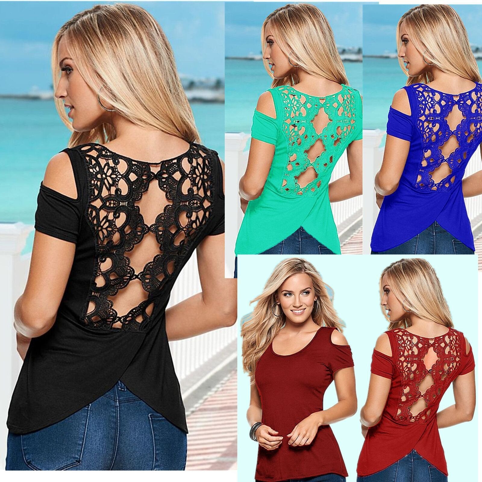 Hollow Out Lace Patchwork Irregular Scoop Sexy T-shirt - OhYoursFashion - 1