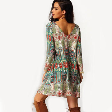 Print O-neck Open Back Long Sleeve Short Dress - Oh Yours Fashion - 1