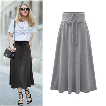 Lace Up Elastic Solid Pleated Long Skirt - Oh Yours Fashion - 1