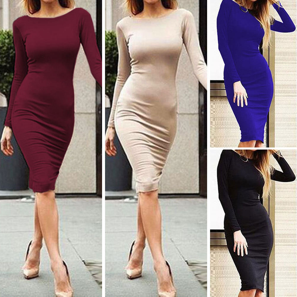 Pure Color Slim Backless Long Sleeve Long Dress - Oh Yours Fashion - 8