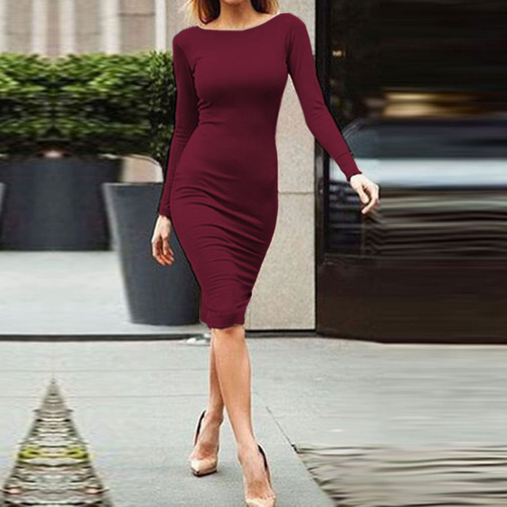 Pure Color Slim Backless Long Sleeve Long Dress - Oh Yours Fashion - 1