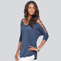 Hollow Out Scoop Pure Color 3/4 Sleeves T-shirt - OhYoursFashion - 5