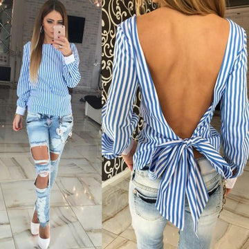 Striped Irregular Hollow Out Sexy Backless Back Cross Blouse - OhYoursFashion - 1