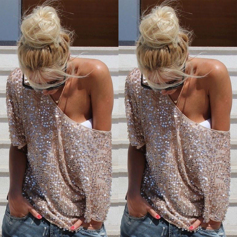 1/2 Sleeves Sequin Casual Loose Sexy Club Blouse - Oh Yours Fashion - 1