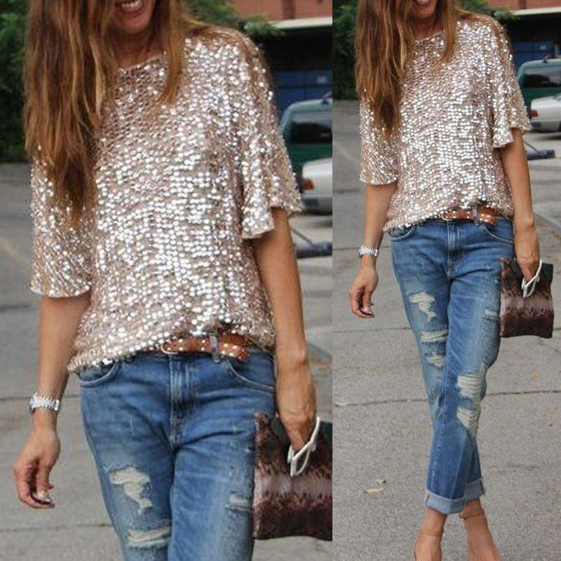 1/2 Sleeves Sequin Casual Loose Sexy Club Blouse - Oh Yours Fashion - 3