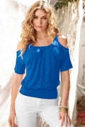 Casual Dew Shoulder Short Sleeve Pure Color Blouse - Oh Yours Fashion - 7