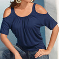 Casual Dew Shoulder Short Sleeve Pure Color Blouse - Oh Yours Fashion - 3