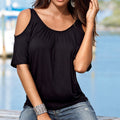 Casual Dew Shoulder Short Sleeve Pure Color Blouse - Oh Yours Fashion - 1