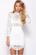 Hollow Out Lace High Neck Long Sleeve Lining Short Dress - Oh Yours Fashion - 3