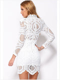 Hollow Out Lace High Neck Long Sleeve Lining Short Dress - Oh Yours Fashion - 7