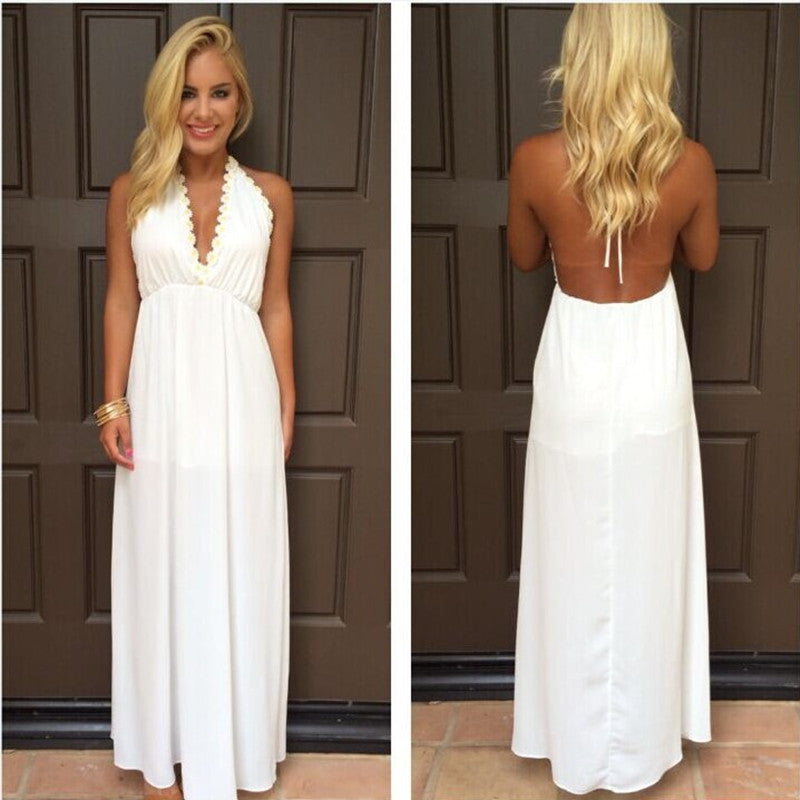 Backless V-neck White Long Chiffon Party Dress - Oh Yours Fashion - 1