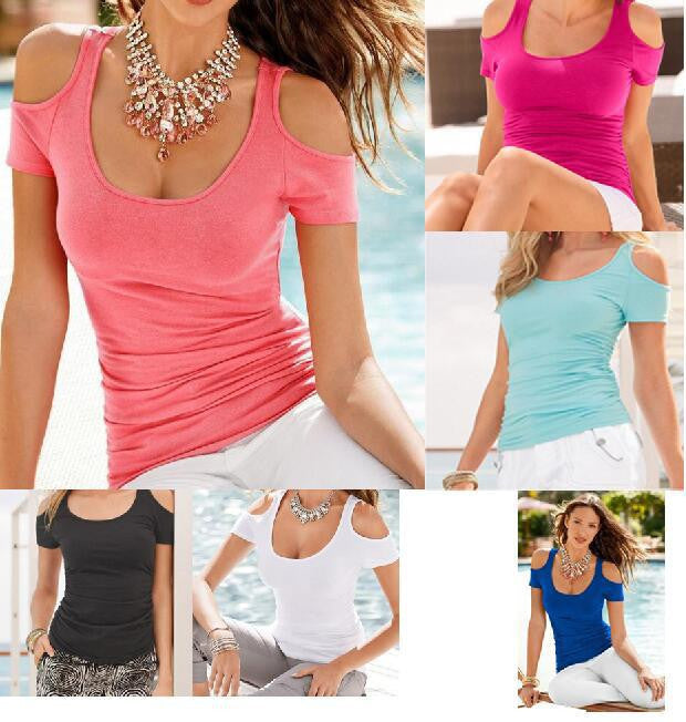 Scoop Sexy Shoulder Out Short Sleeves Slim Pure Color Blouse - Oh Yours Fashion - 1