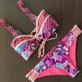 Bowknot Flower Print Spaghetti Strap Cut Out Bikini Set Swimwear - OhYoursFashion - 1