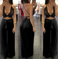 Deep V-neck Strap Lace Hollow Out Top Wide Legs Pants Suit - Oh Yours Fashion - 5