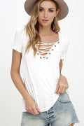 Pure Color V-neck Lace Up Short Sleeve T-shirt - Oh Yours Fashion - 2