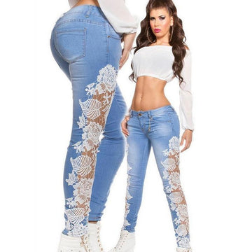 Lace Patchwork Bodycon Slim Low Waist Straight Jeans - Oh Yours Fashion - 1