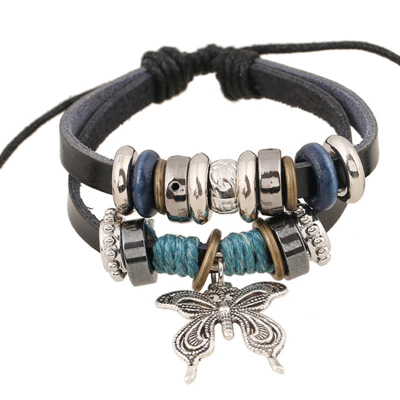 Butterfly Pendant Beaded Leather Bracelet - Oh Yours Fashion - 1