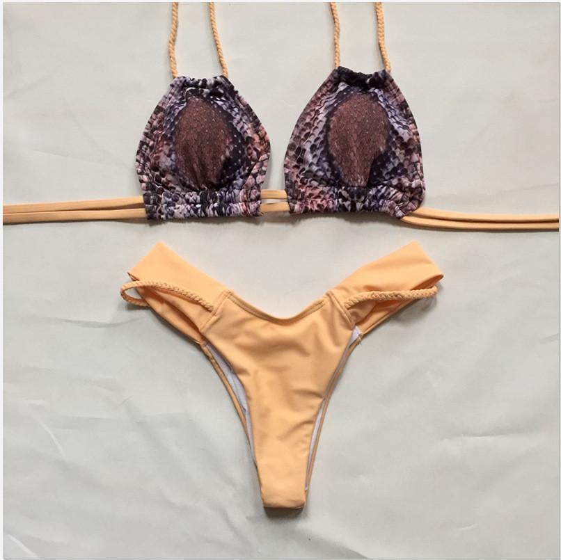 Handmade Plait Straps Print Triangle Bikini Swimwear - OhYoursFashion - 2