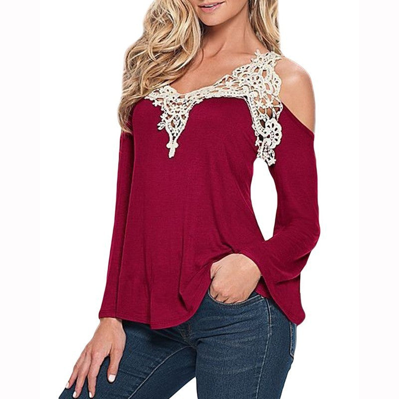 Sexy V-neck Long Sleeves Lace Patchwork Off-shoulder Blouse - Oh Yours Fashion - 10