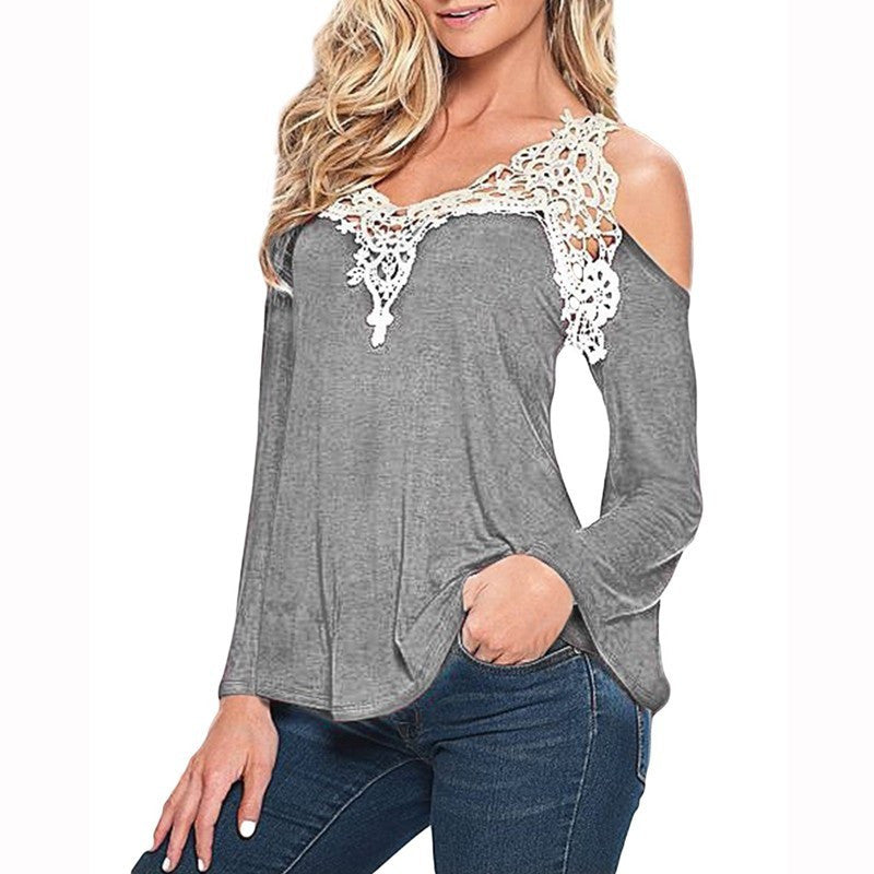 Sexy V-neck Long Sleeves Lace Patchwork Off-shoulder Blouse - Oh Yours Fashion - 4