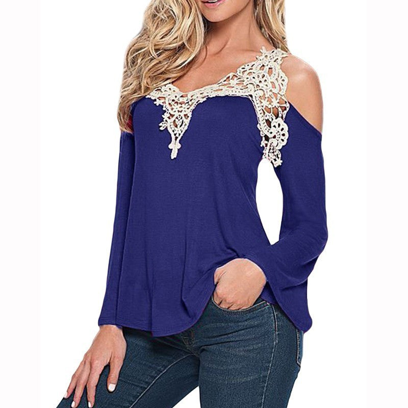 Sexy V-neck Long Sleeves Lace Patchwork Off-shoulder Blouse - Oh Yours Fashion - 9