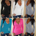 Long Sleeve V-neck Buttons Decorate Pure Color T-shirt - Oh Yours Fashion - 3