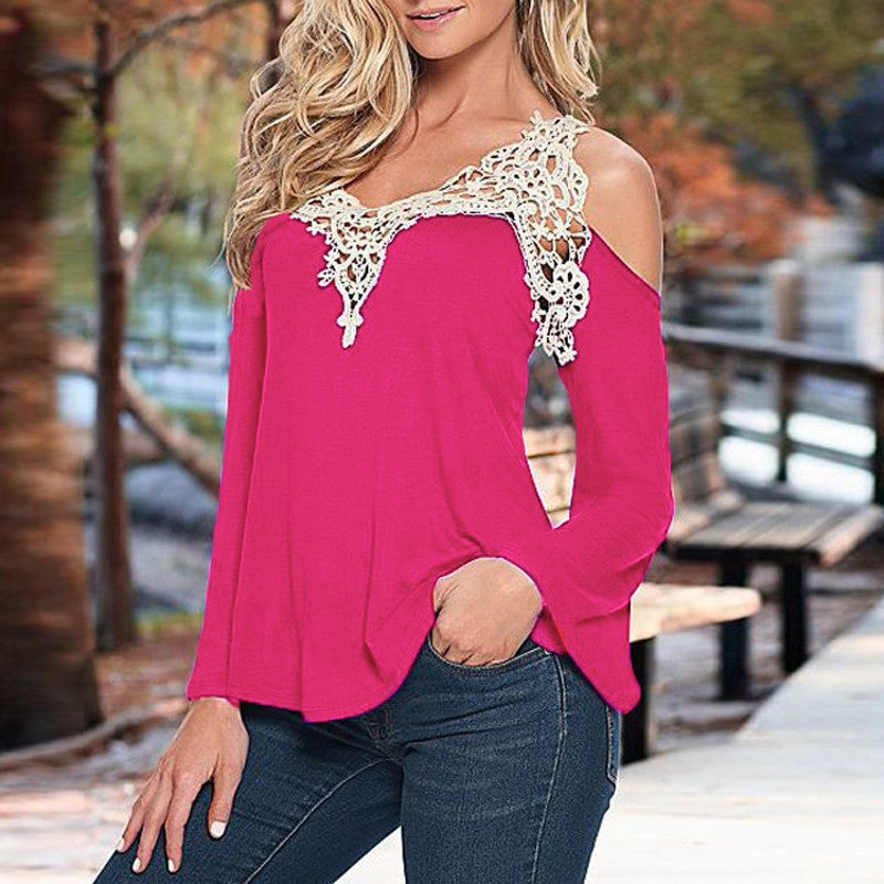 Sexy V-neck Long Sleeves Lace Patchwork Off-shoulder Blouse - Oh Yours Fashion - 11