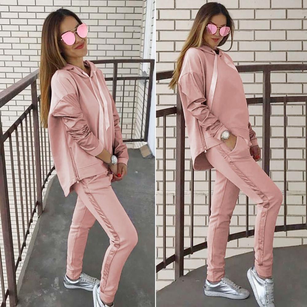 2Pcs/Set Women Sportswear Suit Casual Trousers Solid Color Hooded Sweatshirt And Pant Tracksuit Sport Suit Pullover Sweatshirt