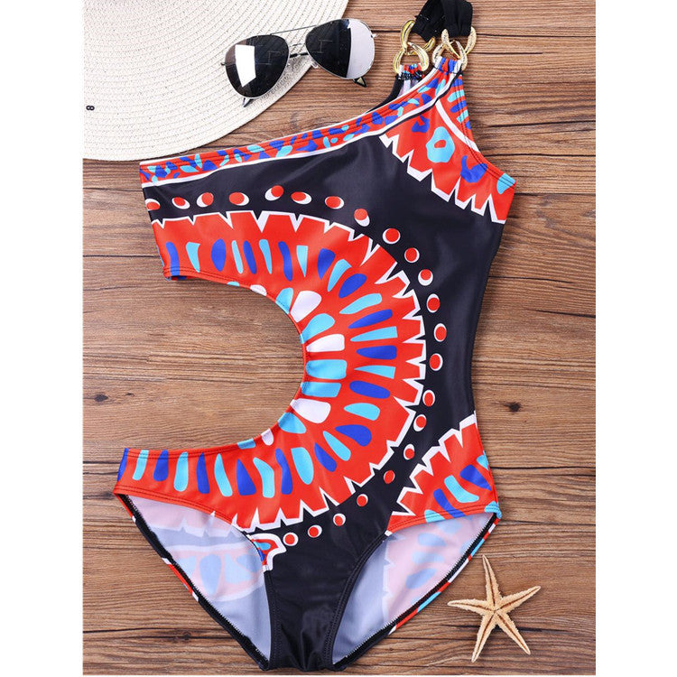 Printed One-Shoulder One-Piece Swimwear Featuring Cutout Detailing