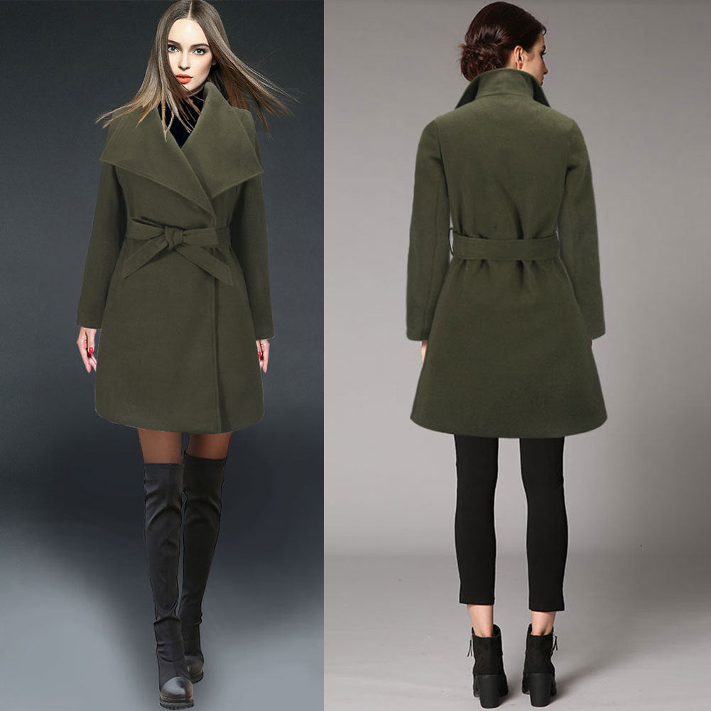 Turn-down Collar Mid-length New Wool Coat With Belt on