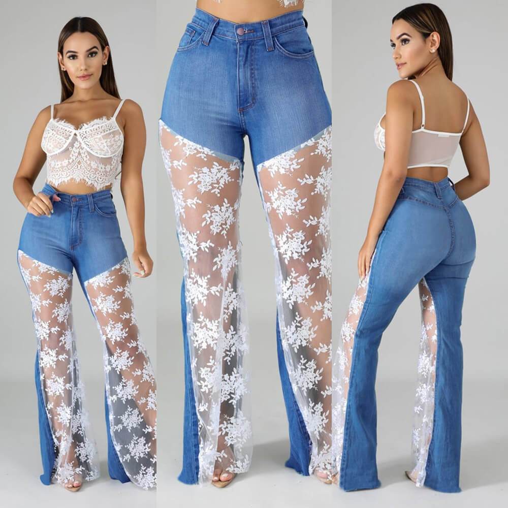 Lace Patchwork Hollow Skinny Straight High Waist Jeans bellbottoms