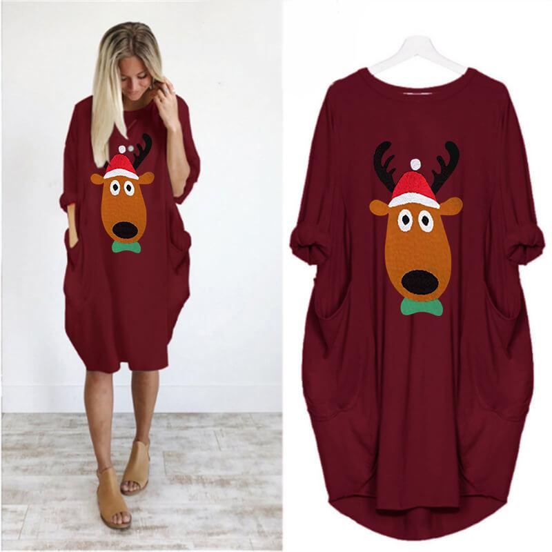 Christmas Loose Reindeer Print Sweatshirt Midi Dress
