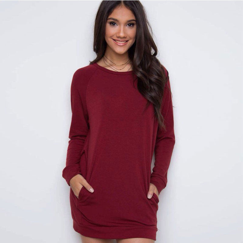 Simple Loose Scoop Long Sleeve Pocket Short Dress - Oh Yours Fashion - 1