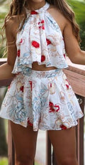 Halter Sleeveless Blouse Falbala Shorts Bowknot Two Pieces Set - Oh Yours Fashion - 2