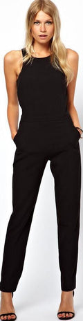 Black Scoop Sleeveless Hollow Out Back Long Jumpsuit - Oh Yours Fashion - 1