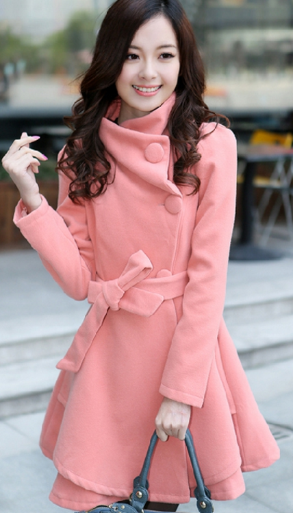Stand Collar Belt Solid Cope Long Slim Coat - Oh Yours Fashion - 1