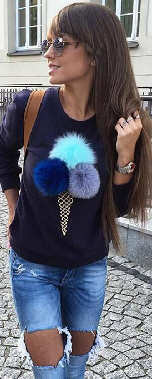 Cute Furry Ball Icecream Print Long Sleeve Sweatshirt - Oh Yours Fashion - 1