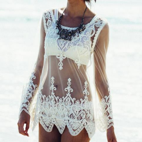 Lace Transparent Long Sleeves Beach Bikini Cover Up Dress - Oh Yours Fashion - 4
