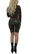 Camouflage Hooded Crop Top with Skinny Shorts Two Pieces Set