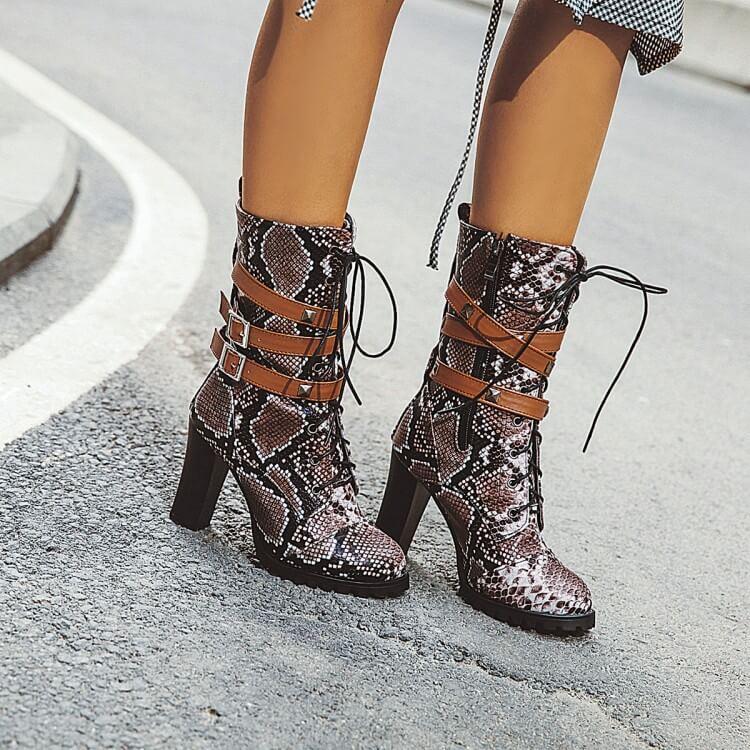 Snakeskin Lace Up High Heel Buckle Calf Boots