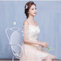 Off Shoulder Half Sleeves Flowers Short Pleated Party Bridesmaid Dress