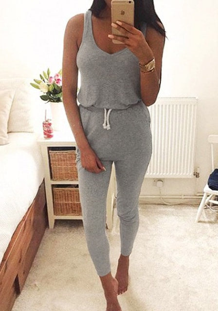 Drawstring Sleeveless Scoop Pure Color Slim Long Jumpsuit - Oh Yours Fashion - 4