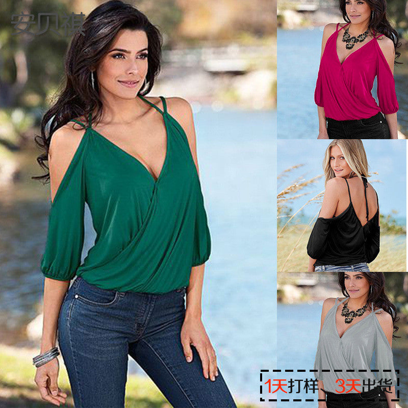 Spaghetti Strap 1/2 Sleeves Deep V-neck Pure Color Blouse - Oh Yours Fashion - 1
